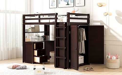 Miniatura 5 de SIYSNKSI Cama tipo loft multifuncional de tamaño individual con cajones de almacenamiento y escritorio marco de cama tipo loft de madera con armario