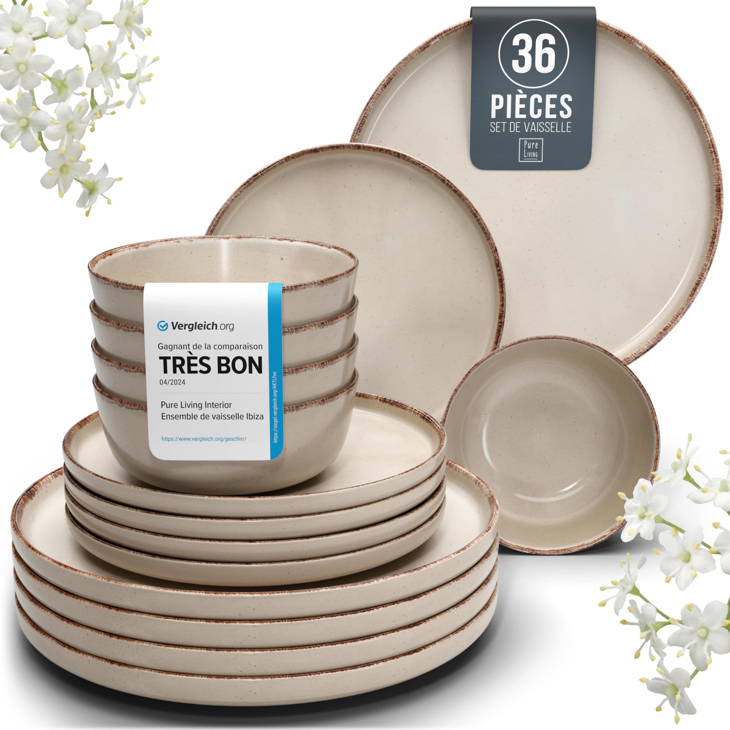 36 Piece Dinnerware Sets for 12 - Rustic design crockery set, dishwasher safe - Bowl and plate set - Pure Living dinnerware in beige