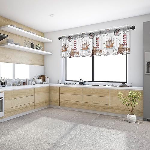 Miniatura 4 de BOBOWUNY Ocean Light-House - Cortina de cenefa transparente con bolsillo para barra, cortina retro náutica con concha de gaviota, cortinas