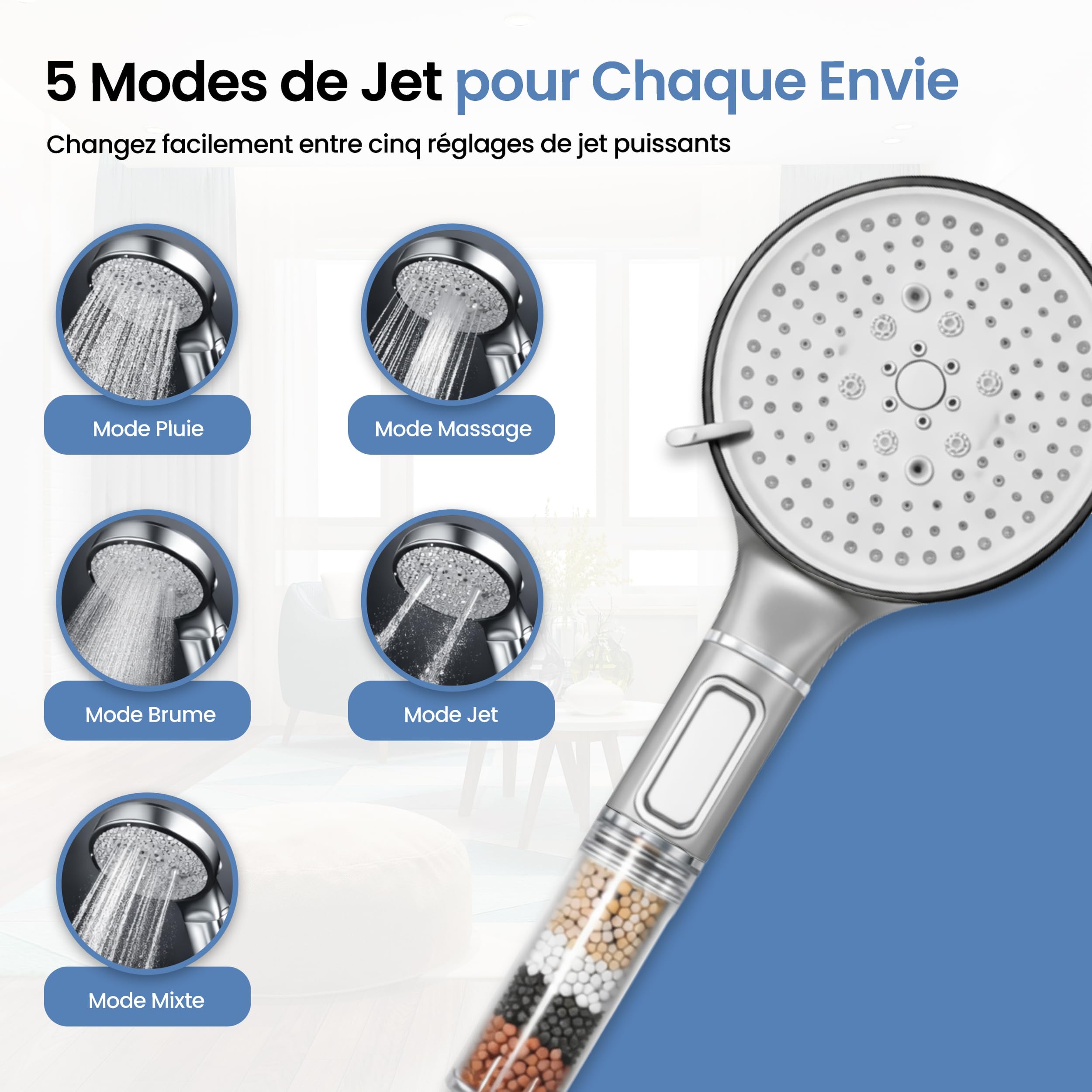 MELTA® Pommeau de Douche Haute Pression Filtrant avec Flexible 1,5 m – Douchette Anti Calcaire avec Filtre Minéral, 5 Modes de Jet, Bouton Stop Eau, Installation Sans Outils, Universel (CHROME POLI) - 3