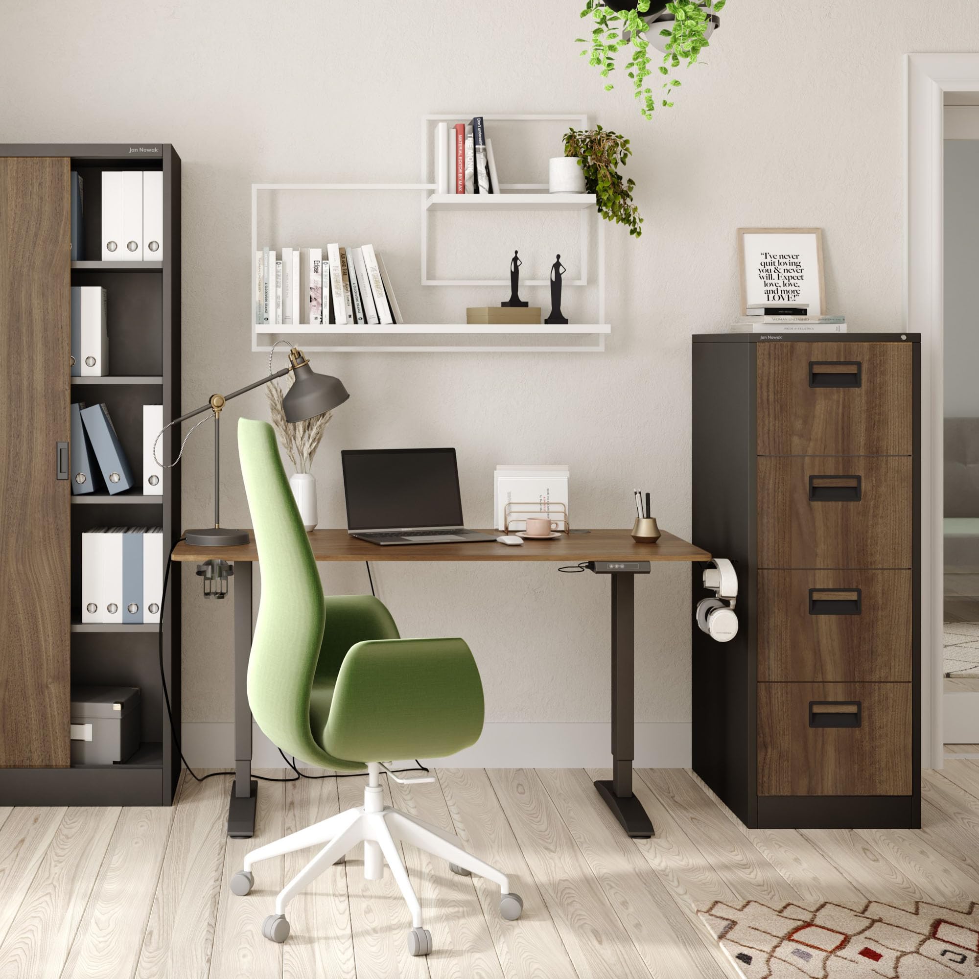 Jan Nowak Hängeregistraturschrank V004A Hängemappenschrank Büroschrank Stahlschrank Aktenschrank mit 4 Schubladen Pulverbeschichtung Stahlblech 132 x 46 x 62 cm (H x B x T) (Anthrazit/Holzoptik)