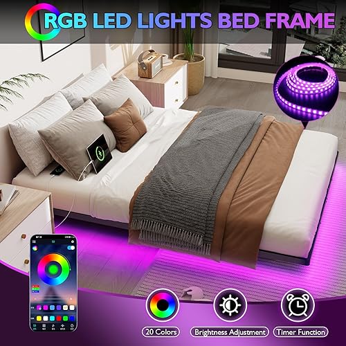 Miniatura 3 de Base de cama de metal flotante tamaño Queen con luces LED inteligentes y estación de carga, base de cama de plataforma de metal, no necesita somier,