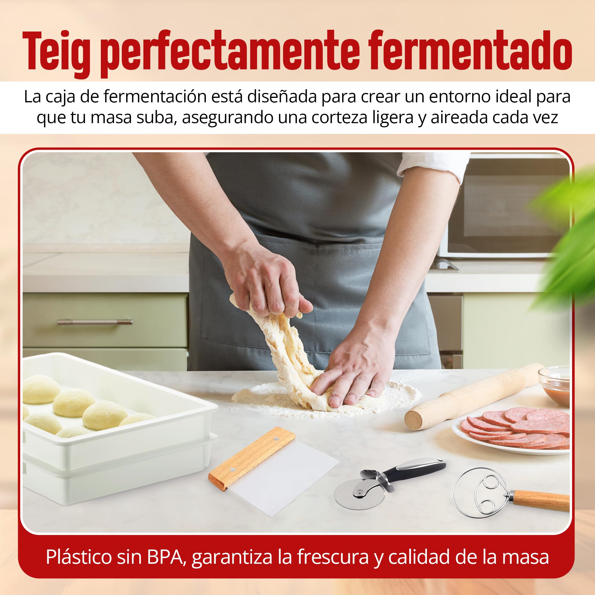 YAANI Juego de 2 cajas apilables a prueba de pan con tapas, rueda de pizza, batidor de masa, raspador de masa, perfecto para masa de pizza, masa madre, contenedor de almacenamiento de alimentos