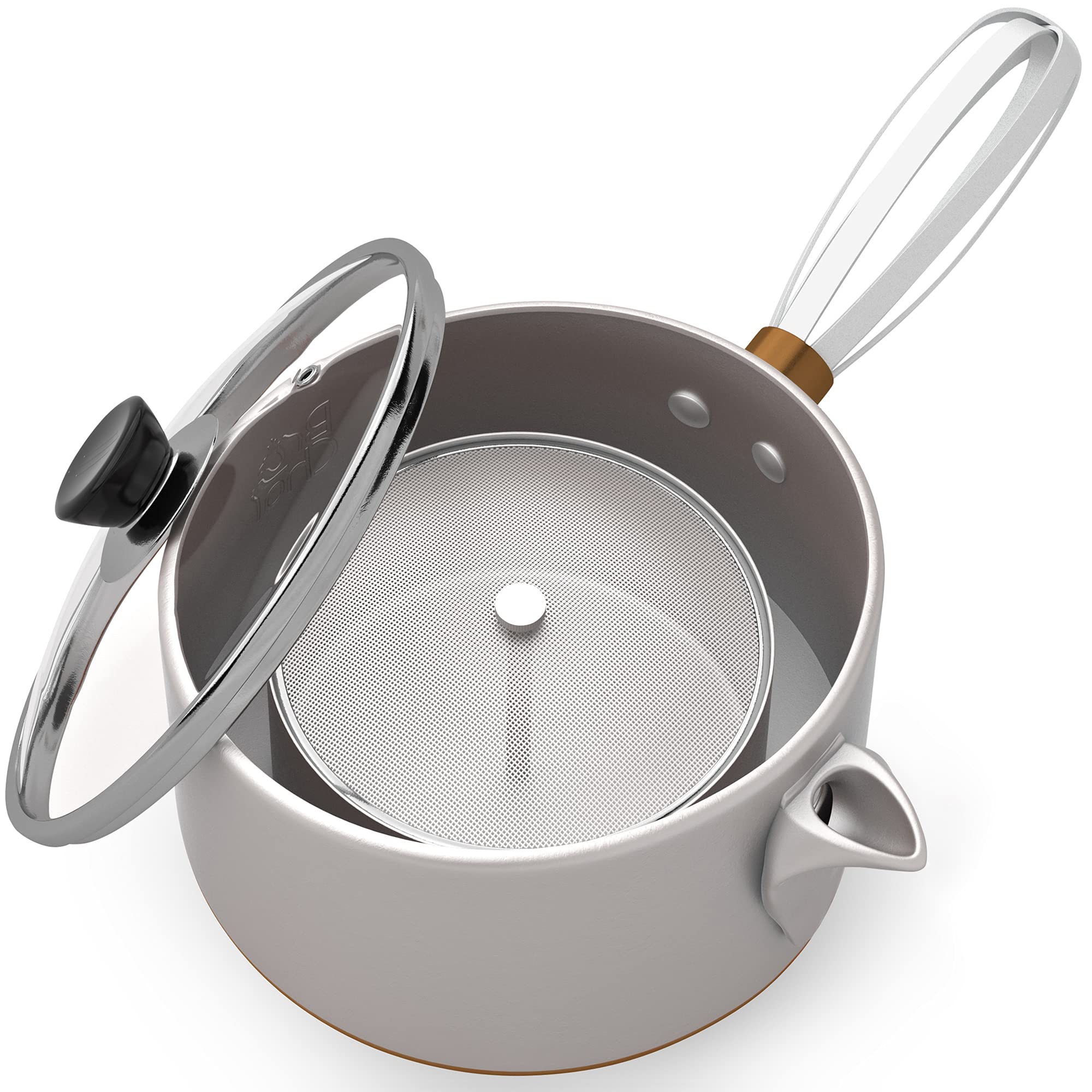 BruChai Brewer - Classic Chai Brewing Pot with Built-In Mesh Strainer - No-Mess Brewing Vessel with Non-Stick Coating - Patented Handy Brew & Pour Steel Teapot with Burn-Proof Handle