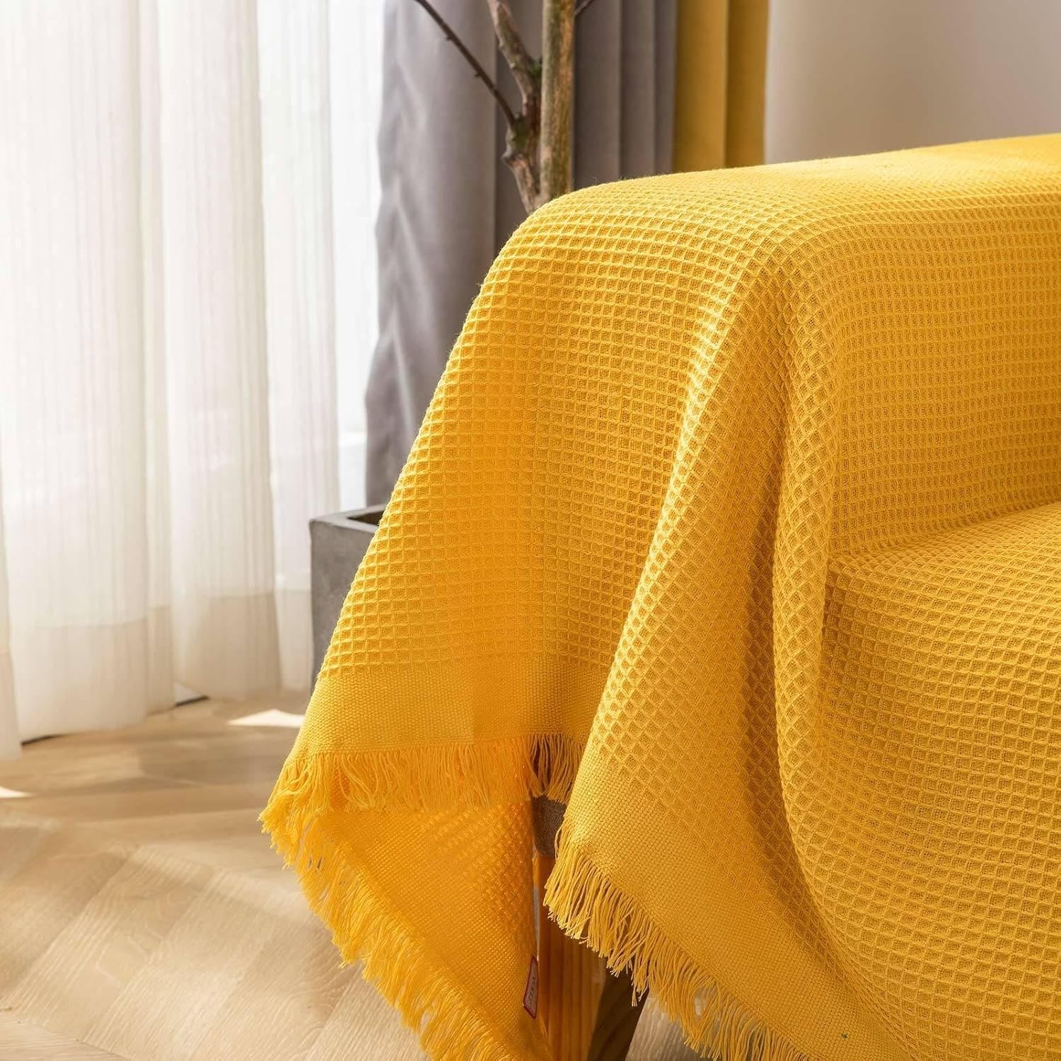 Yellow Sofa Recliner Cover, Polyester+Cotton Cushion Cover Solid Color Waffle Textured with Fringed 1 Seater(90X180CM)