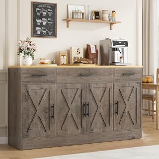Vongrasig 53" Farmhouse Sideboard Buffet Cabinet with 3 Drawers, 4 Doors & Adjustable Shelves - Ash Grey Kitchen Storage