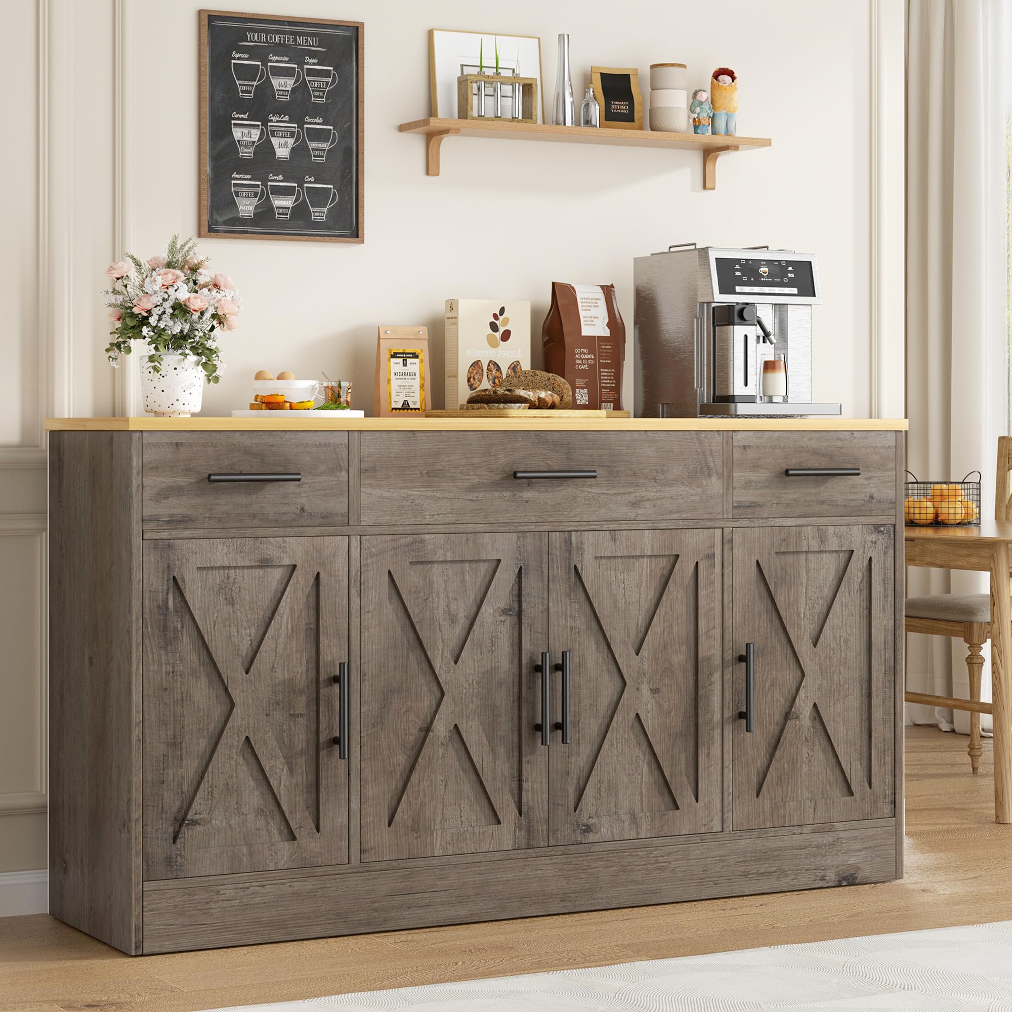 Vongrasig Buffet Cabinet with Drawers, 53” Large Sideboard Buffet Kitchen Storage Cabinet, Modern Farmhouse Coffee Bar with Shelves and Doors, Wood Buffet Table for Kitchen, Dining Room, Ash Grey