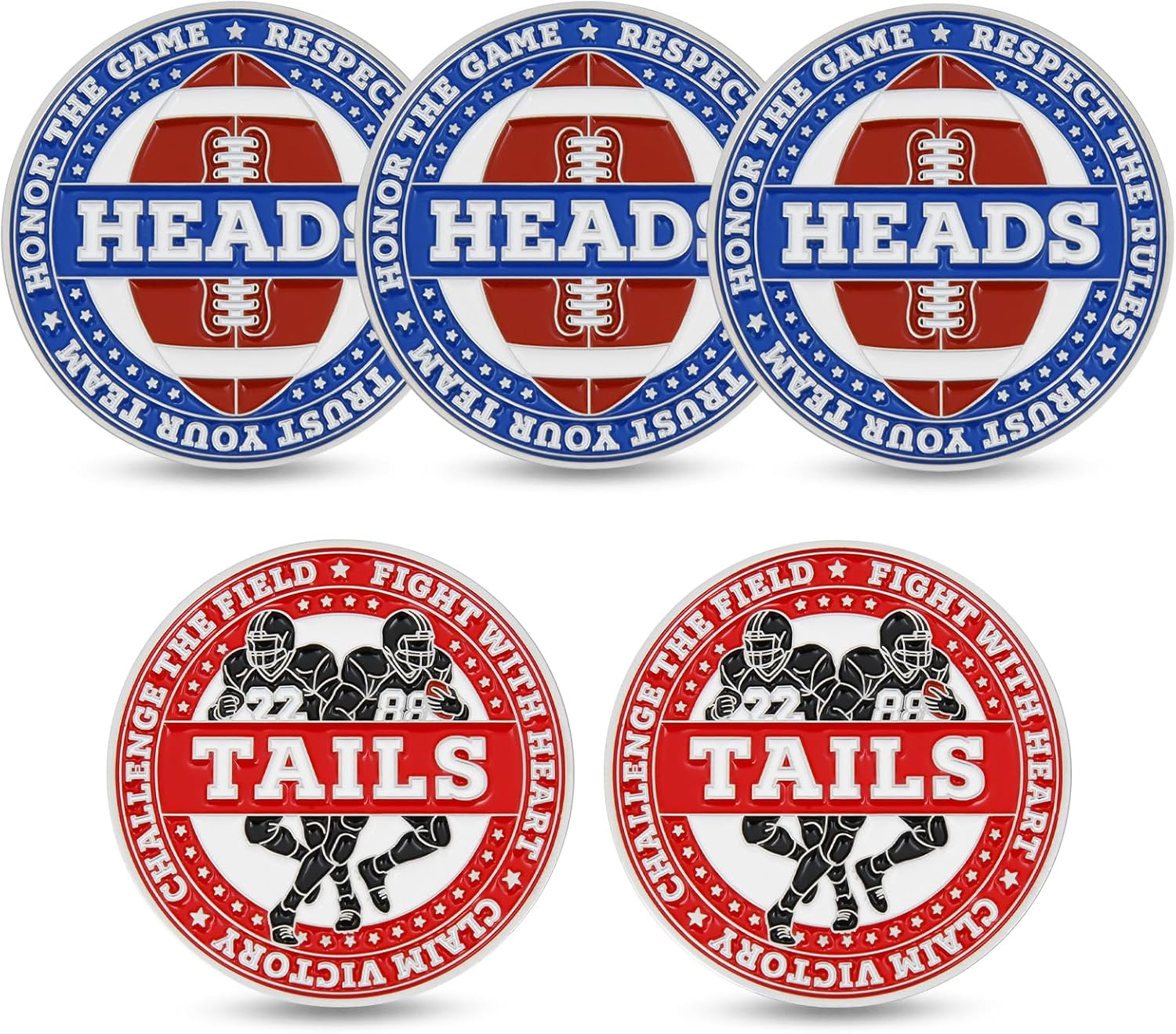 American Football Coin Toss Flip Coin 5-Pack – Heads & Tails Referee Coins, 3D Double-Sided Zinc Alloy Sportsmanship Challenge Coin Set with Clear Acrylic Cases
