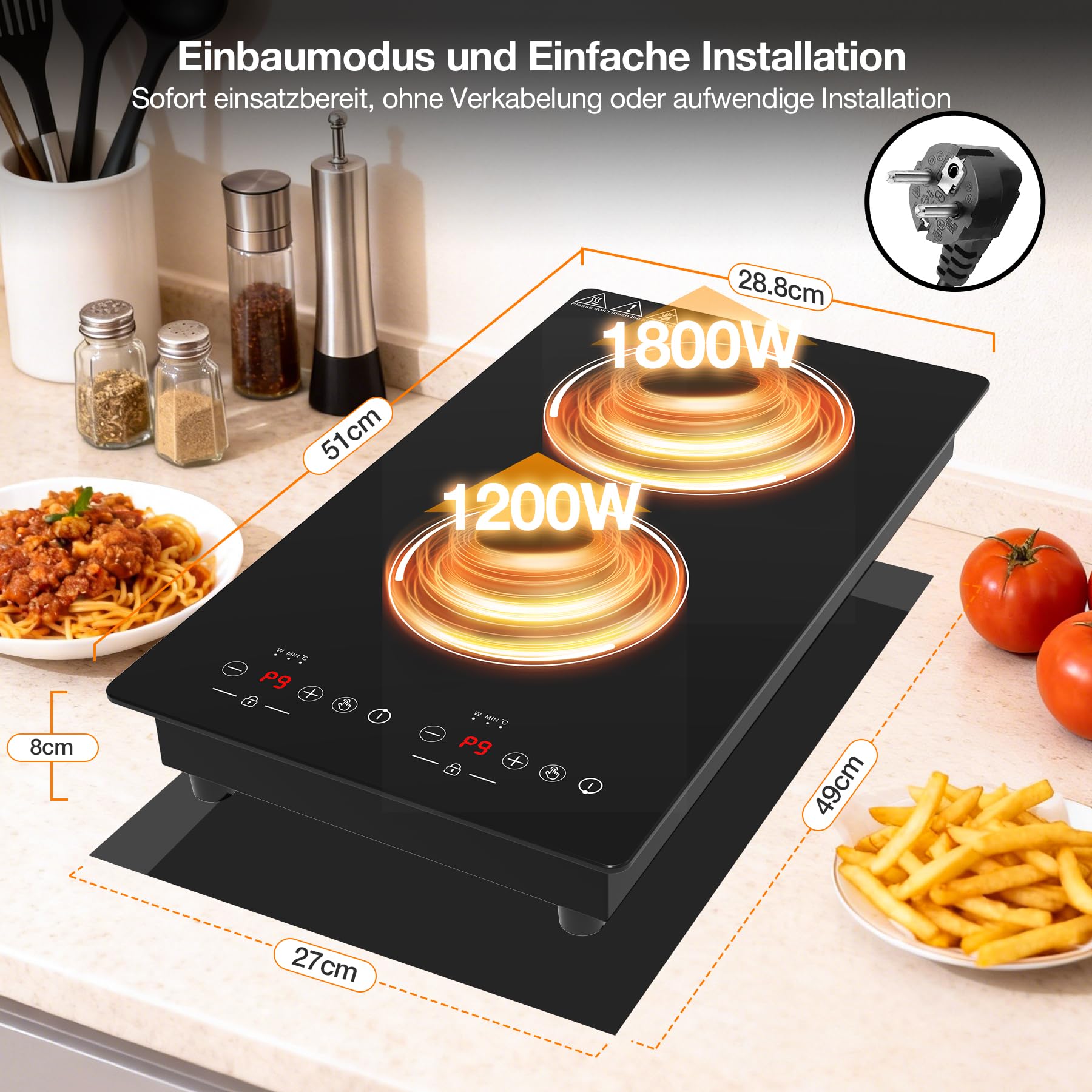 Induktionskochfeld 2 Platten 3000W, Domino Einbau und Freistehende Kochplatte, Elektrisch Doppelkochplatte mit Timer und 9 Stufen für Wohnmobil, Studio und kleine Küche