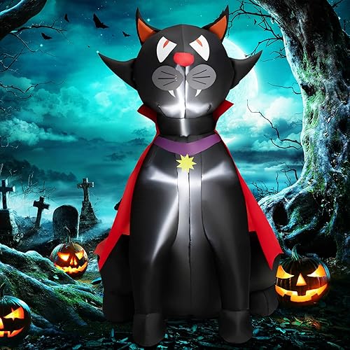 Tangkula Gato negro vampiro inflable de Halloween de 4.7 pies con capa roja, decoración navideña inflable con 2 luces LED integradas, 2 sacos de