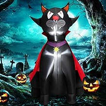 Tangkula 4.7 FT Halloween Inflatable Vampire Black Cat with Red Cloak, Blow-up Holiday Decoration with 2 Built-in LED Lights, 2 Sandbags & Powerful Blower, Outdoor Yard Decoration for Halloween Party
