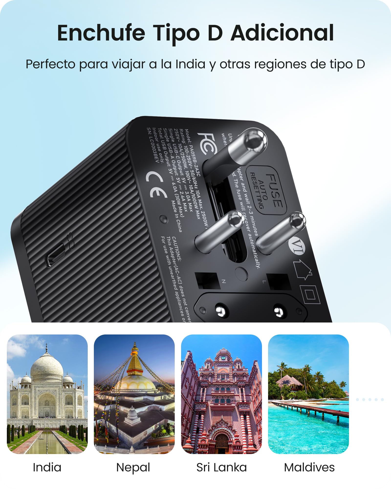 LENCENT Adaptador Enchufe Universal 28 W, Enchufe de Viaje Global con 3 USB C y 2 USB A, Cargador Internacional para Estados Unidos, Reino Unido, Japón, Australia, India, Nepal, Tipo A/C/D/G/I