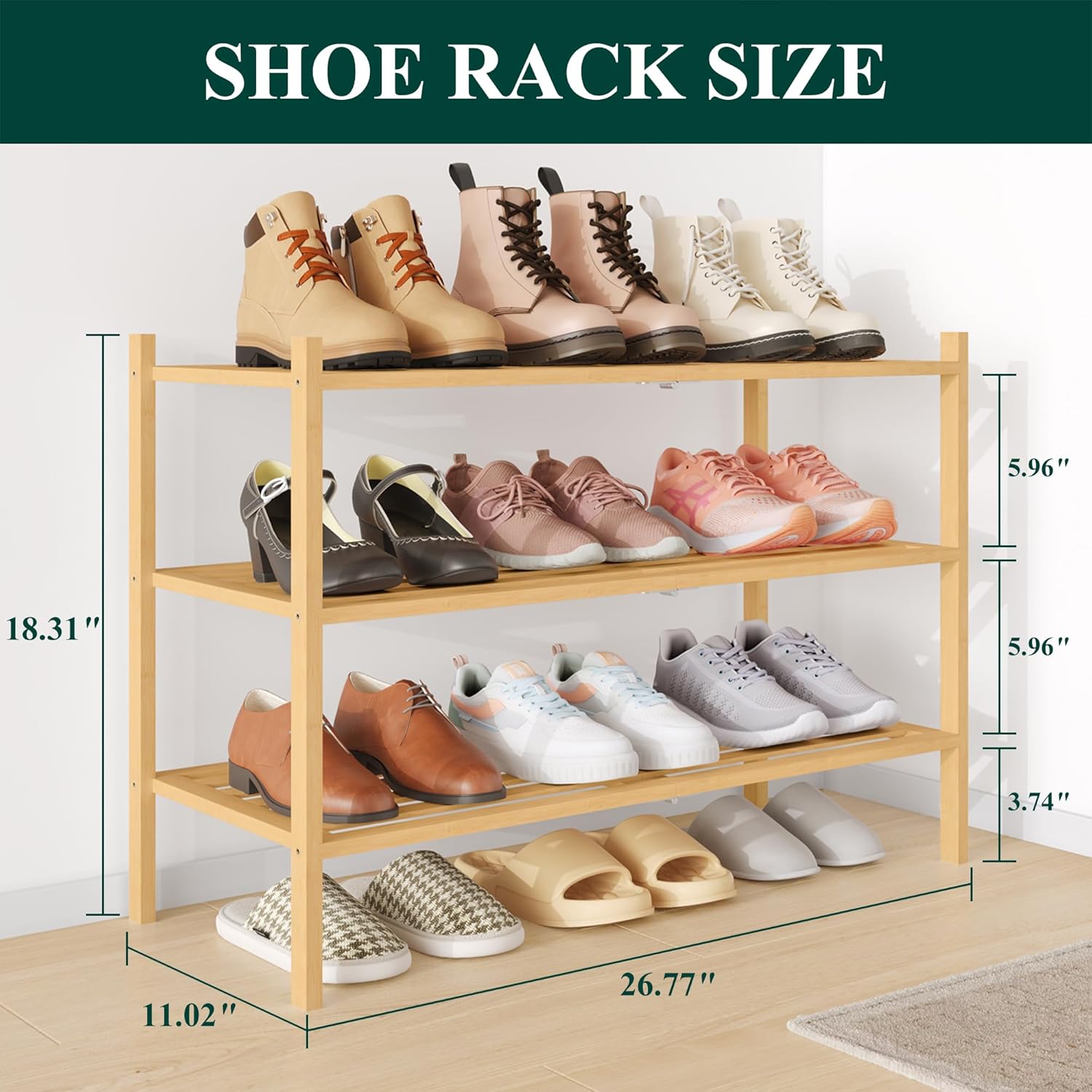 smiry bamboo shoe rack 3-tier, stackable wooden shoe organizer for entryway & closet, free standing wood shoe storage shelf for front door & small spaces, natural natural 3 tier-regular