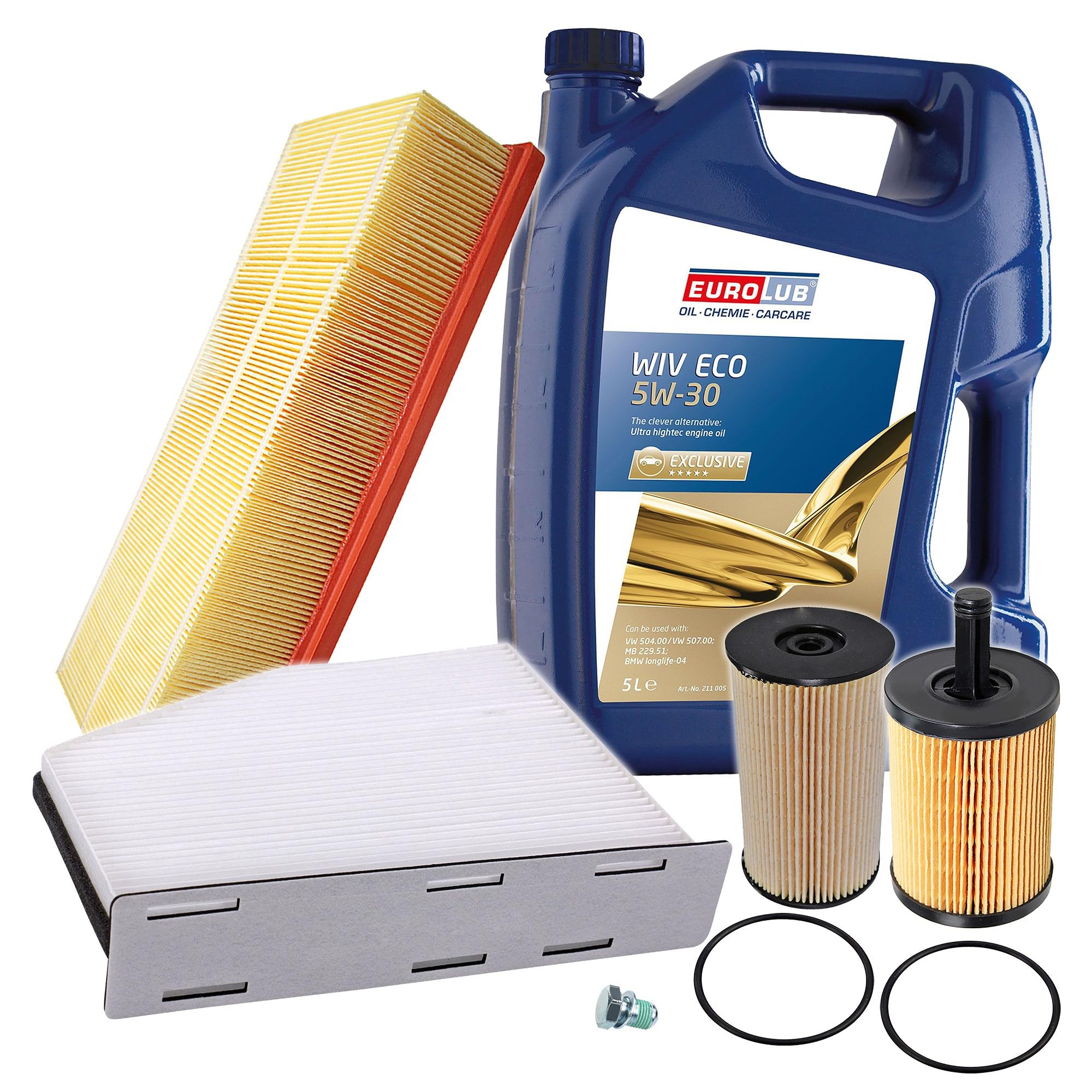 BESTPRICE Inspektionspaket Filterset mit 1x Luftfilter, 1x Innenraumfilter (Pollenfilter), 1x Ölfilter, 1x Kraftstofffilter, 1x Ölablassschraube inkl. Dichtring, 5l Motoröl 5W-30 EUROLUB