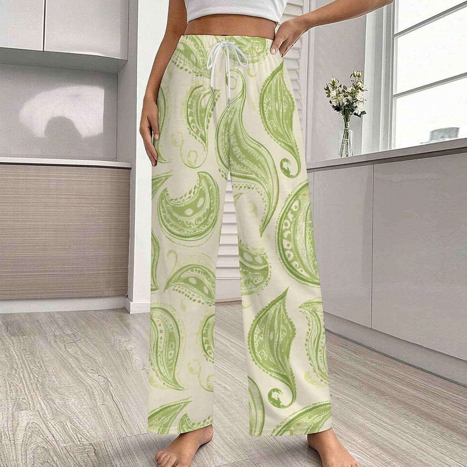 Green Paisley Pattern Women's Pajama Pants Lounge Sleepwear Comfy Soft Casual Bottoms Pj