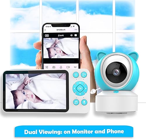 Miniatura 4 de Monitor de bebé WiFi con pantalla de 5 pulgadas y cámara HD de 1080p, monitor de video con audio bidireccional, zoom 4 X y 8 canciones de cuna,