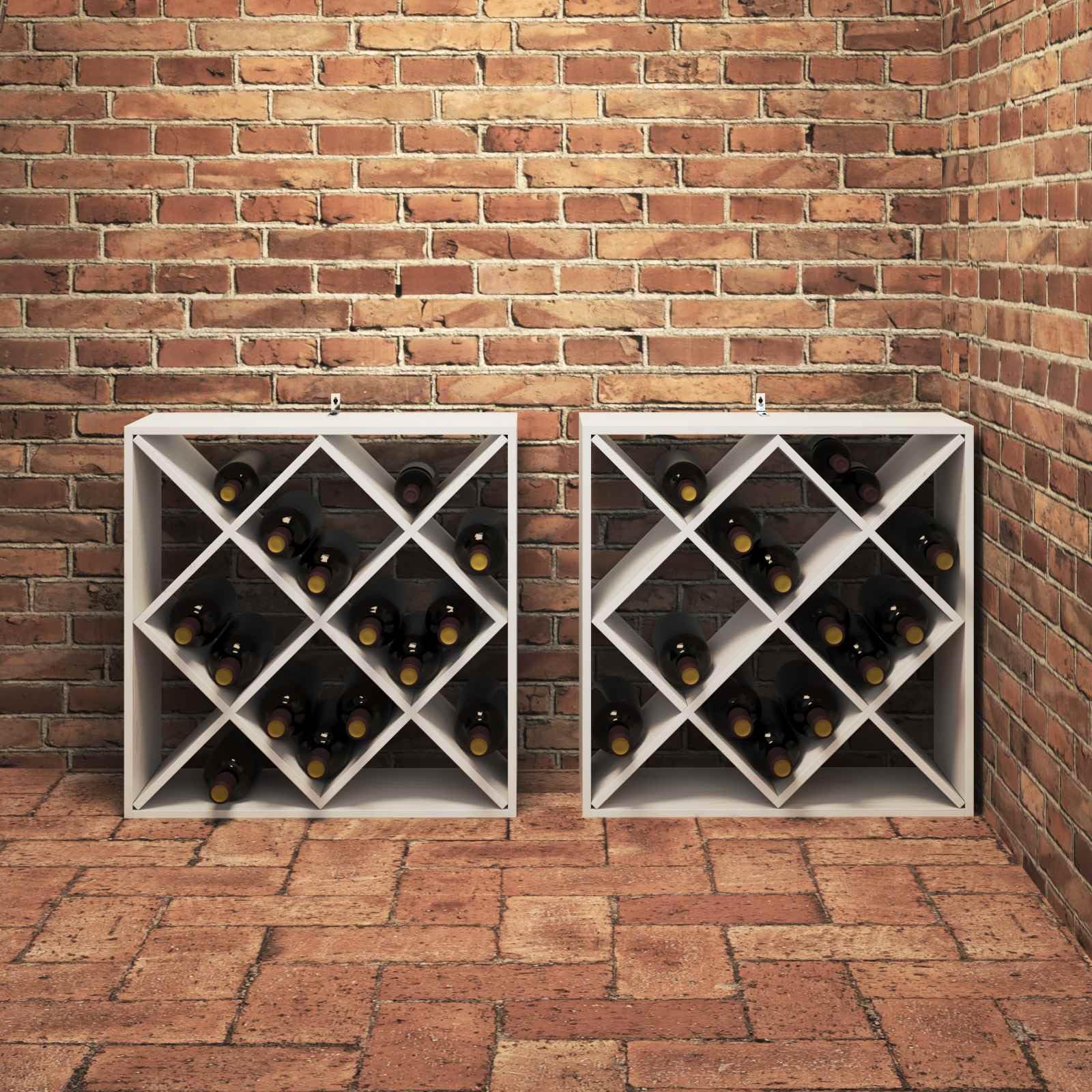 Botellero de madera de pino maciza, juego de 2 unidades, color blanco, 62 x 25 x 62 cm, para botellas de vino, interior, con espacio de almacenamiento para sala de estar y cocina