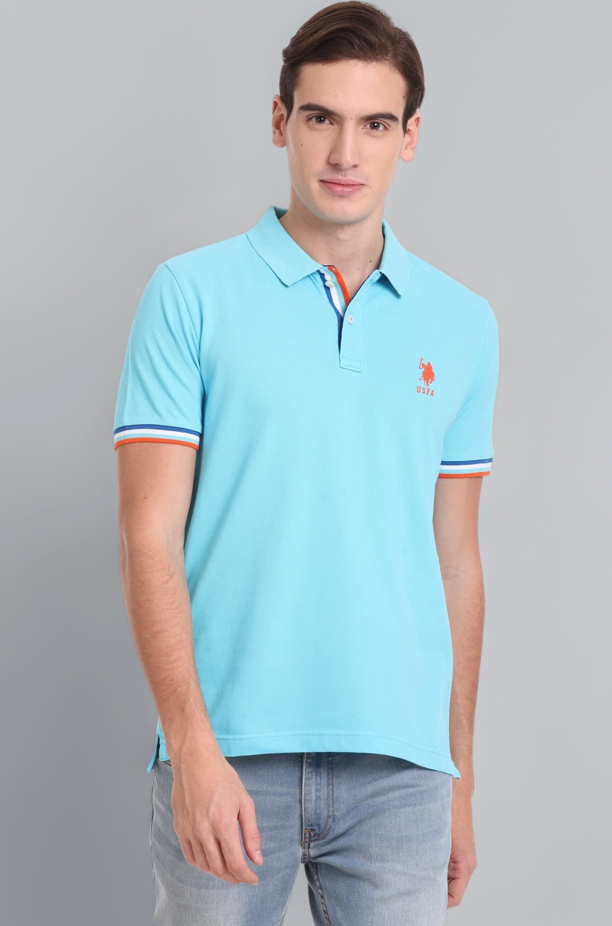 Men Cotton Striped Sleeve Hem Solid Slim Fit Polo Shirt
