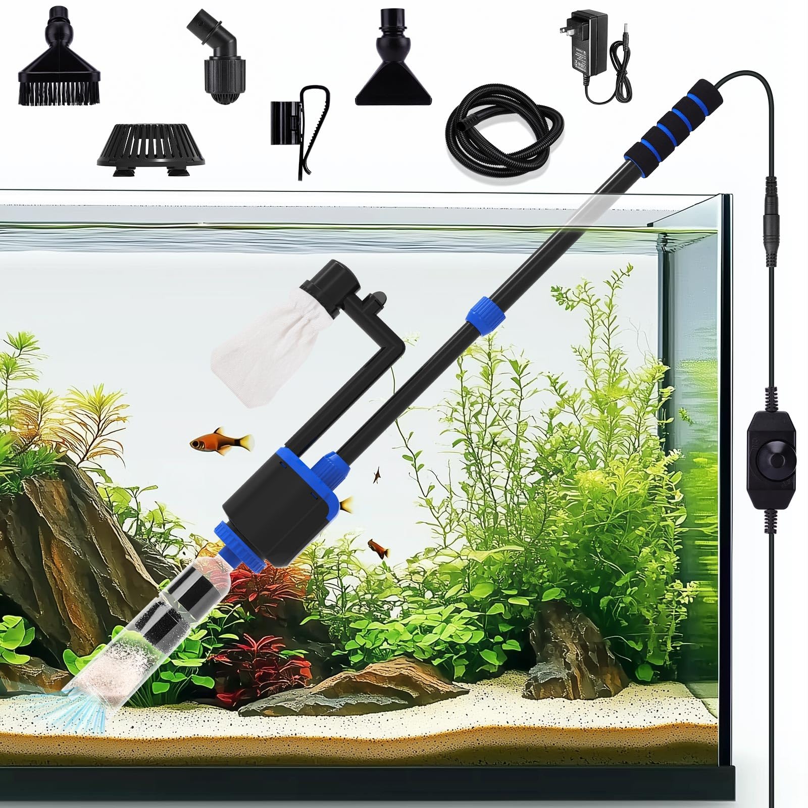 AQQA DC 36W Electric Aquarium Vacuum Gravel Cleaner 6-in-1 Multifunctional Fish Tank Cleaning Kit for Remove Dirt Change