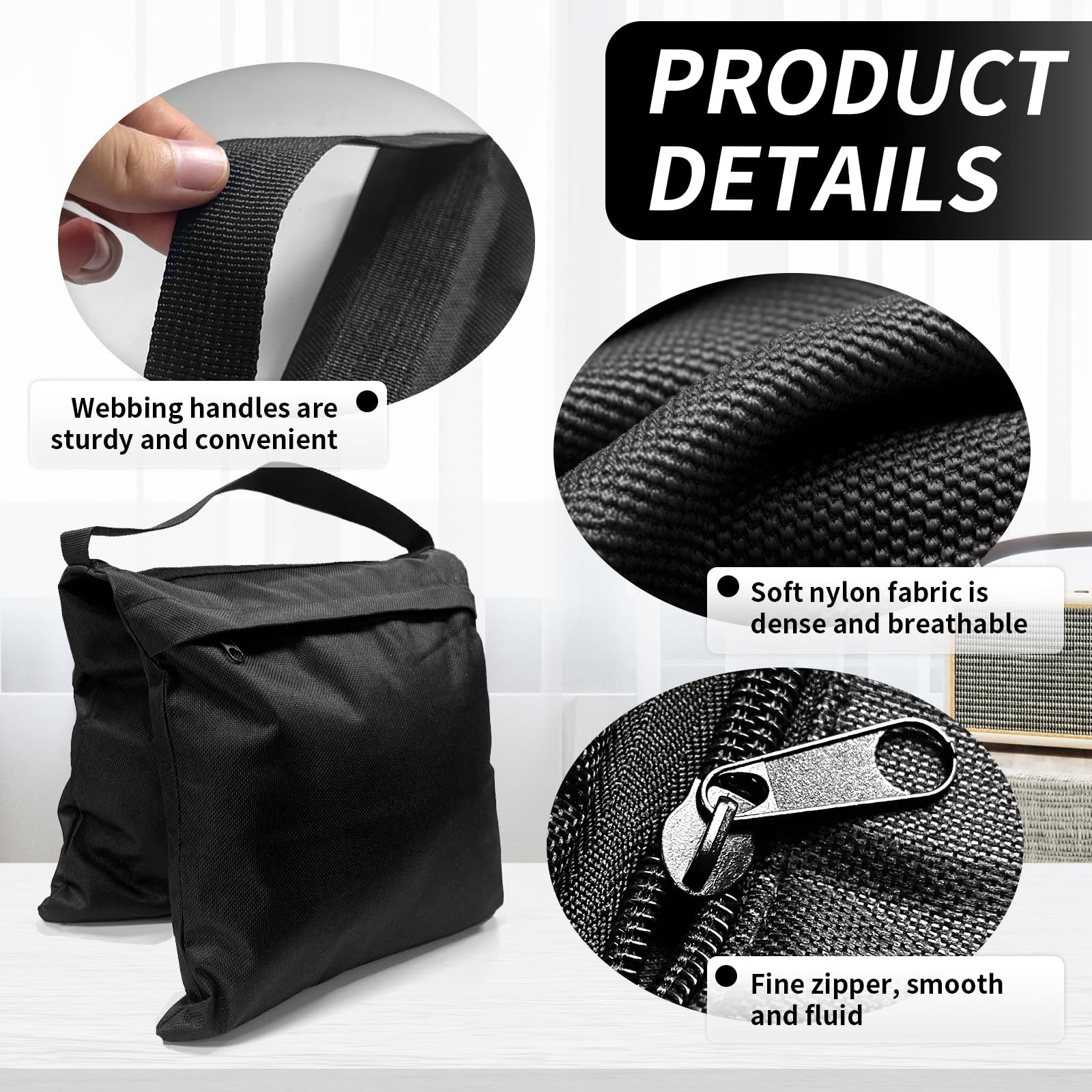 4 Stück Sandsack für Stativ Fotografie, 800D Nylon Gewichtssäcke mit Haken, Gegengewicht für Lichtstative, Studio, Video & Bespannung, Schwarz 57 x 27 cm