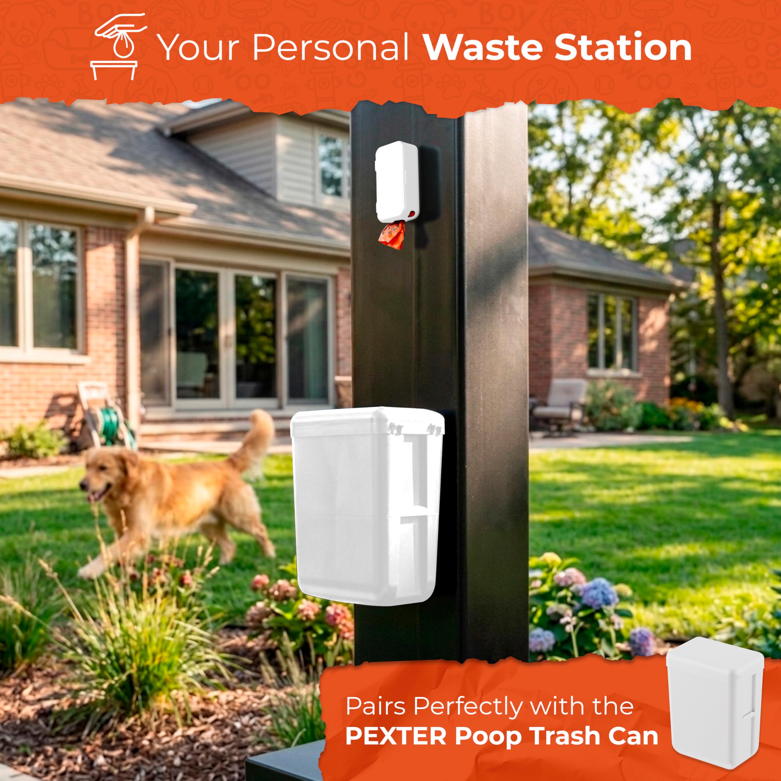 Pexter Dispensador de bolsas para excrementos de perro, estación dispensadora de bolsas de basura para mascotas para exteriores o interiores, montaje en pared adhesivo o atornillado, contenedor de