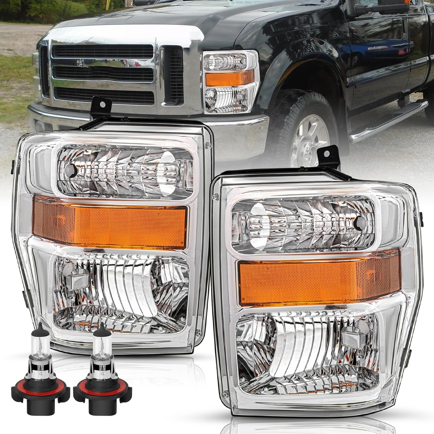Headlight Assembly Set for 08-10 Ford F-250 F-350 F-450 F-550 Super Duty Driver Passenger Side (Black Housing with Black Reflector)