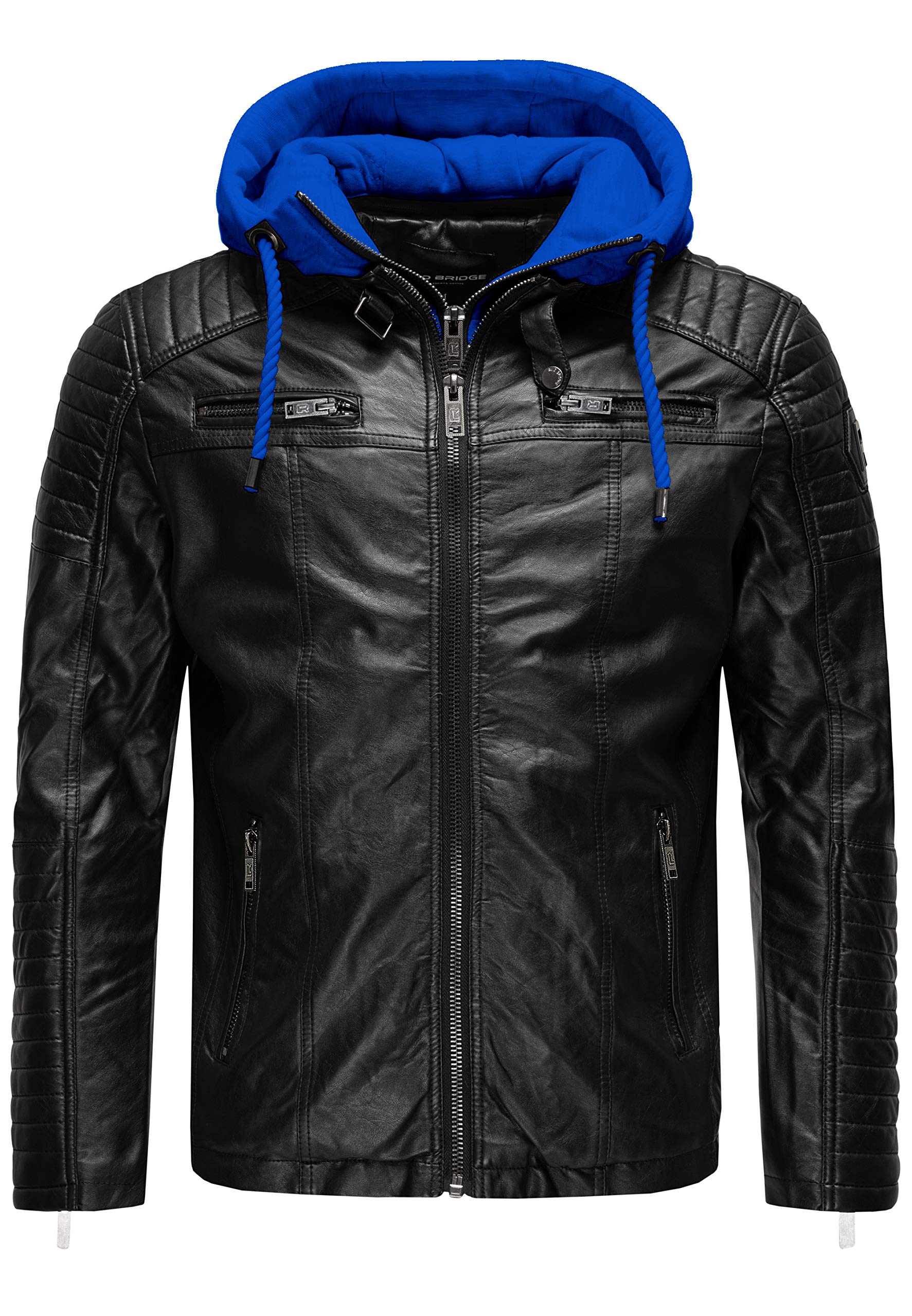 RED BRIDGE Men's Faux Lether Jacket Transition Biker Jacket with Hooded Modern 2in1 (S, Black - Blue)