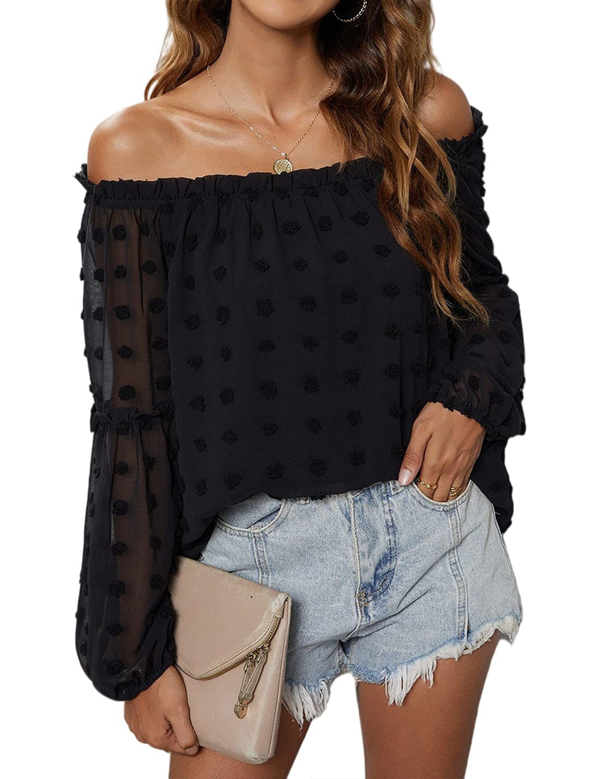 Blooming JellyWomen's Off The Shoulder Tops Chiffon Blouses Long Sleeve Shirts Flattering Pom Pom Top