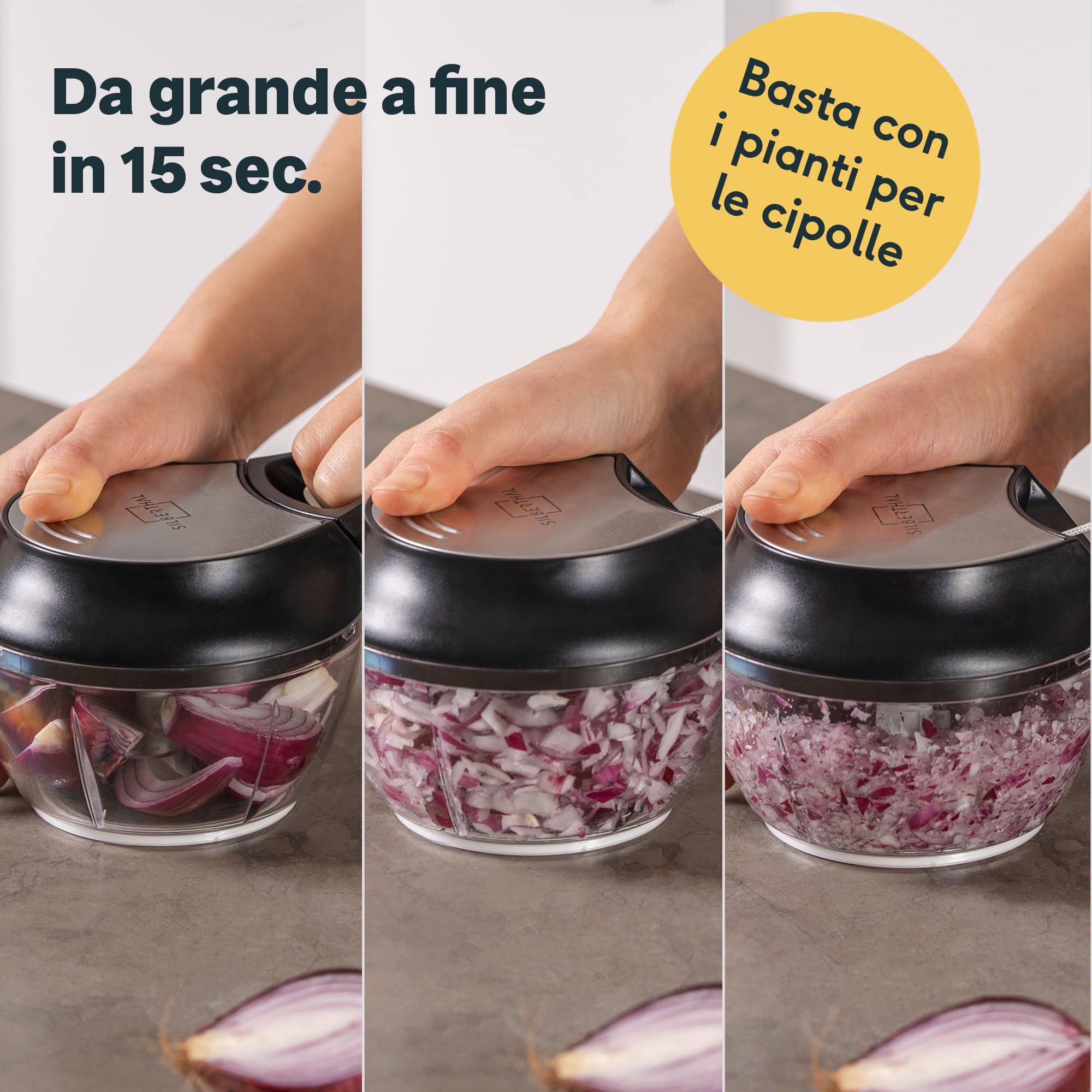 SILBERTHAL Tritatutto manuale a corda 500ml - Acciaio inox - 5 secondi - Con coperchio e raschietto - Per cipolle, aglio, erbe aromatiche