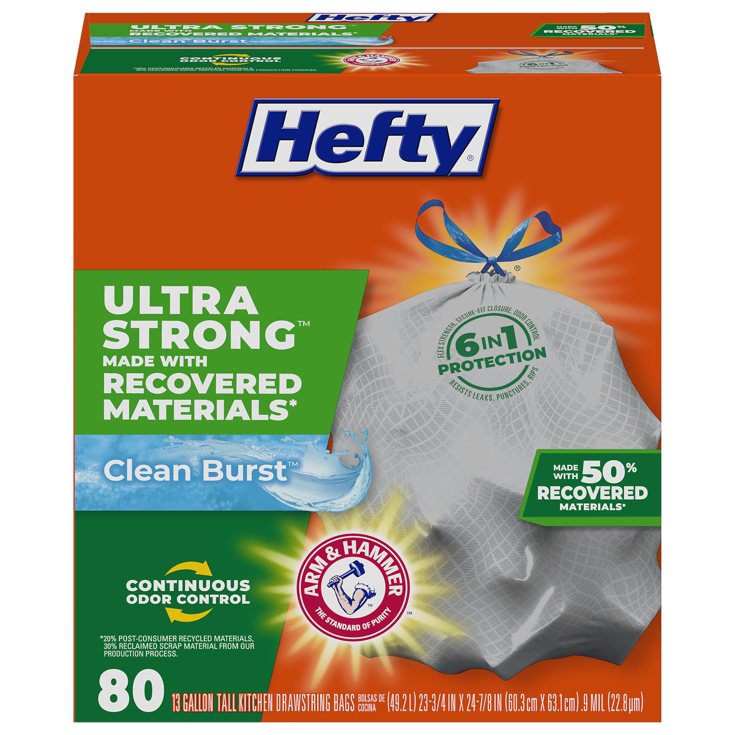 Hefty Ultra Strong Renew - Bolsas de basura altas para cocina, color blanco, aroma Clean Burst, 13 galones, 80 unidades