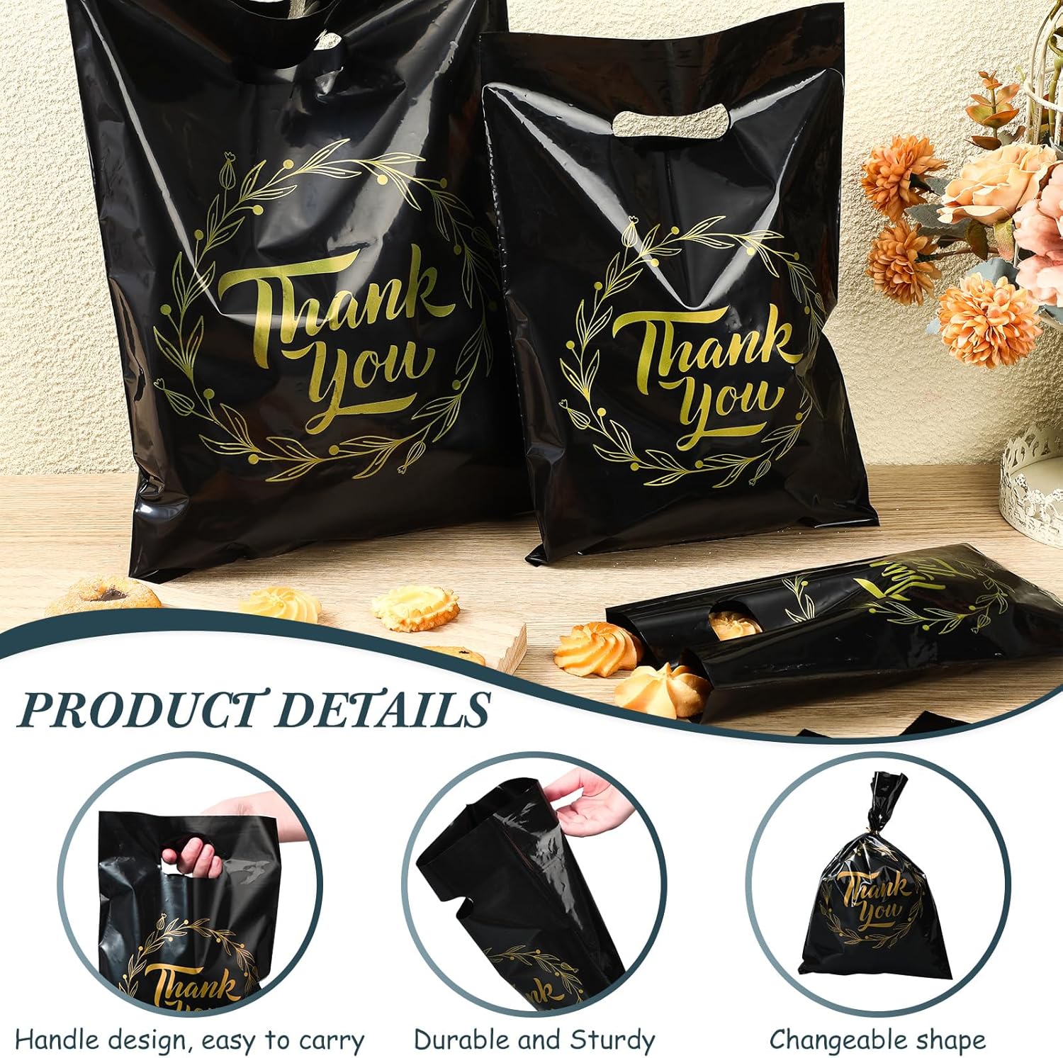 Jeyiour 300 Pcs Thank You Merchandise Bags with Handles Die Cut Plastic Shopping Bags Thank You Gift Boutique Goodie Sacks for Party Stores, 3 Sizes(Garland) - Image 3