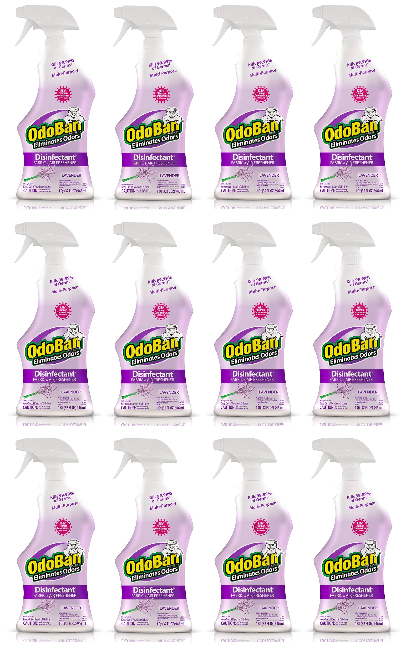OdoBan Ready-to-Use Disinfectant and Odor Eliminator, Set of 12 Spray Bottles, 32 Ounces Each, Lavender Scent