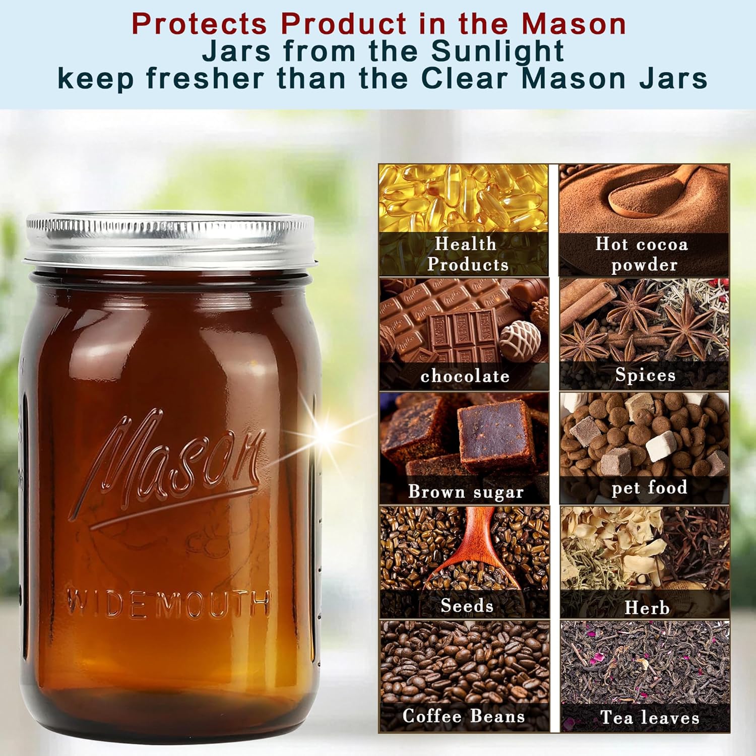 Amber Wide Mouth Mason Jars 32 oz with Metal Airtight Lids - Vintage Quart Size Glass Mason Jars for Food Storage, Canning, Preserving, Fermenting, Pickling, Meal Prep & DIY Crafts, 12 Pack