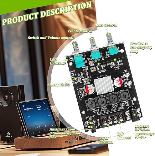 Miniatura 3 de Tablero amplificador Bluetooth de 50 W+50 W con control de agudos y graves TPA3116D2 chips DC 9-24V BT y entradas AUX 2.0 canal estéreo AMP Board