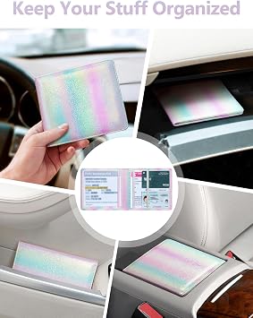 Mymazn Car Registration and Insurance Holder, PU Leather Glove Box Car Organizer with Magnetic Closure for Driver's License & Essential Documents, Iridescent
