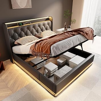 Harper & Bright Designs Upholstered Queen Size Bed with Lift Up Storage & LED Lights, Hydraulic Storage Bed with USB Type-C Charging, PU Leather Queen Bed Frame with Headboard, Black