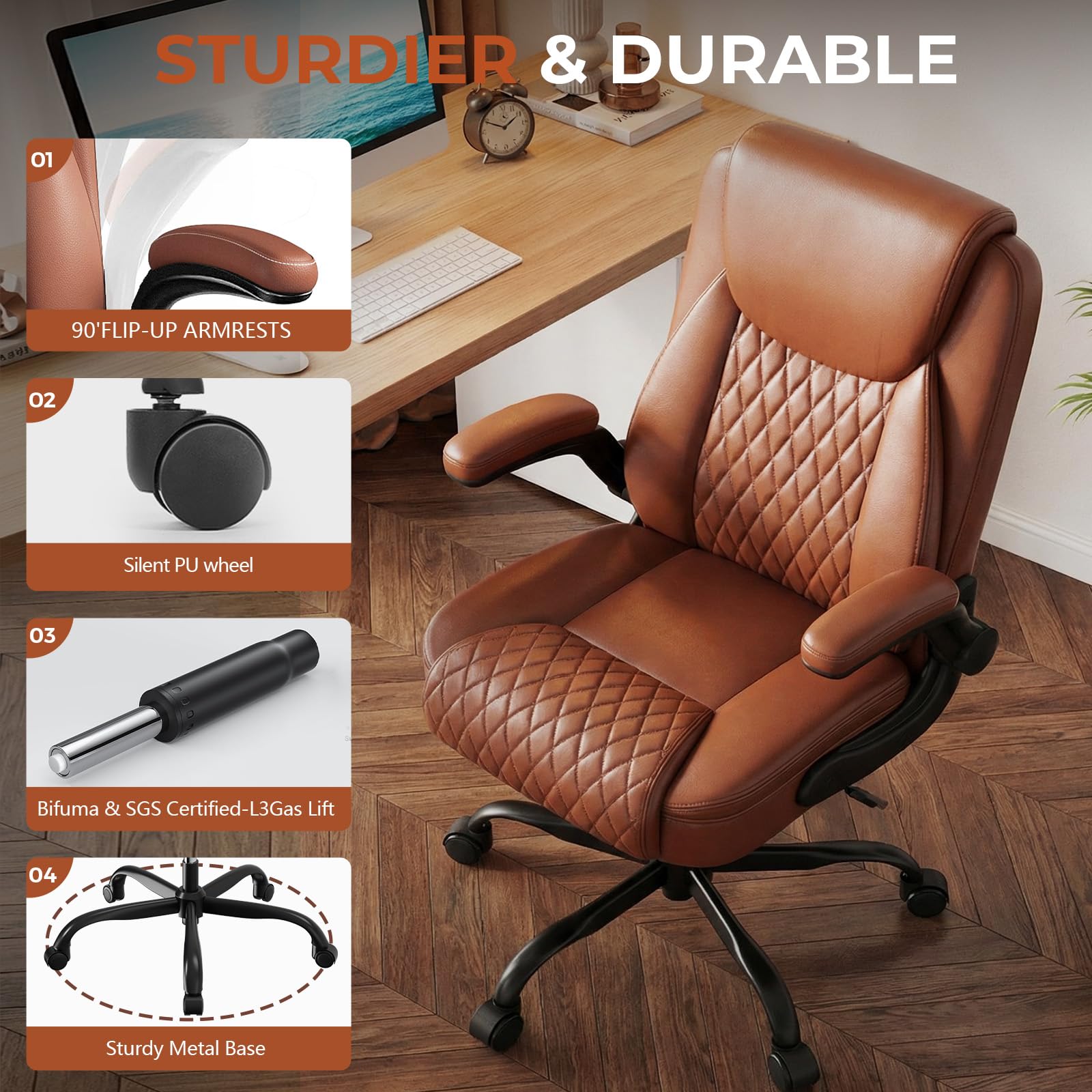 GTPLAYER Sedia da ufficio ergonomica, sedia da scrivania con schienale alto, braccioli pieghevoli, regolabile in altezza, in pelle PU, seduta extra larga, per ufficio e casa, marrone