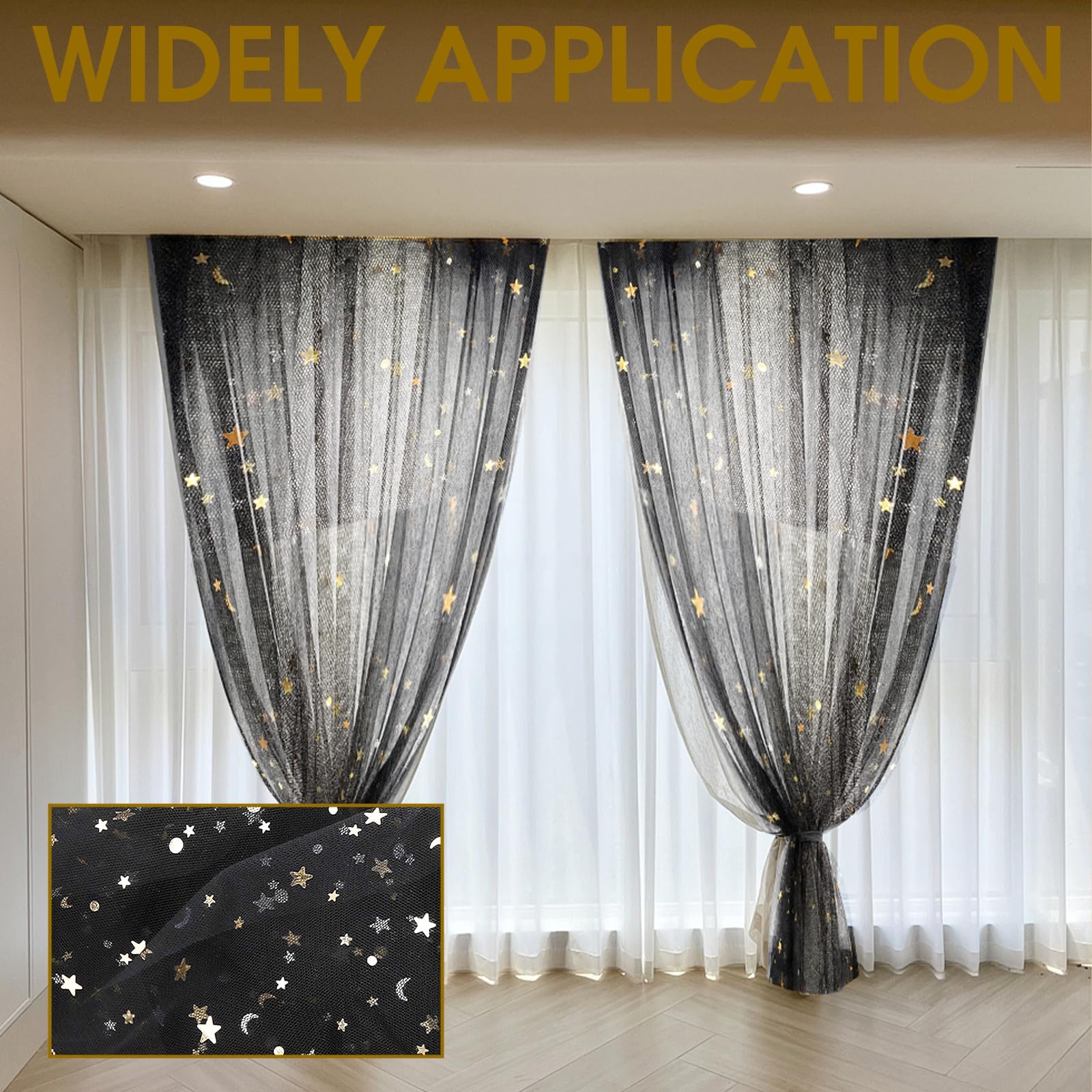Hrlace 2M di tessuto in tulle 150cm di larghezza, tulle glitterato decorativo con stelle e luna, paillettes, tessuto in tulle, nastro di tulle, filo glitterato, tessuto decorativo per fai da te
