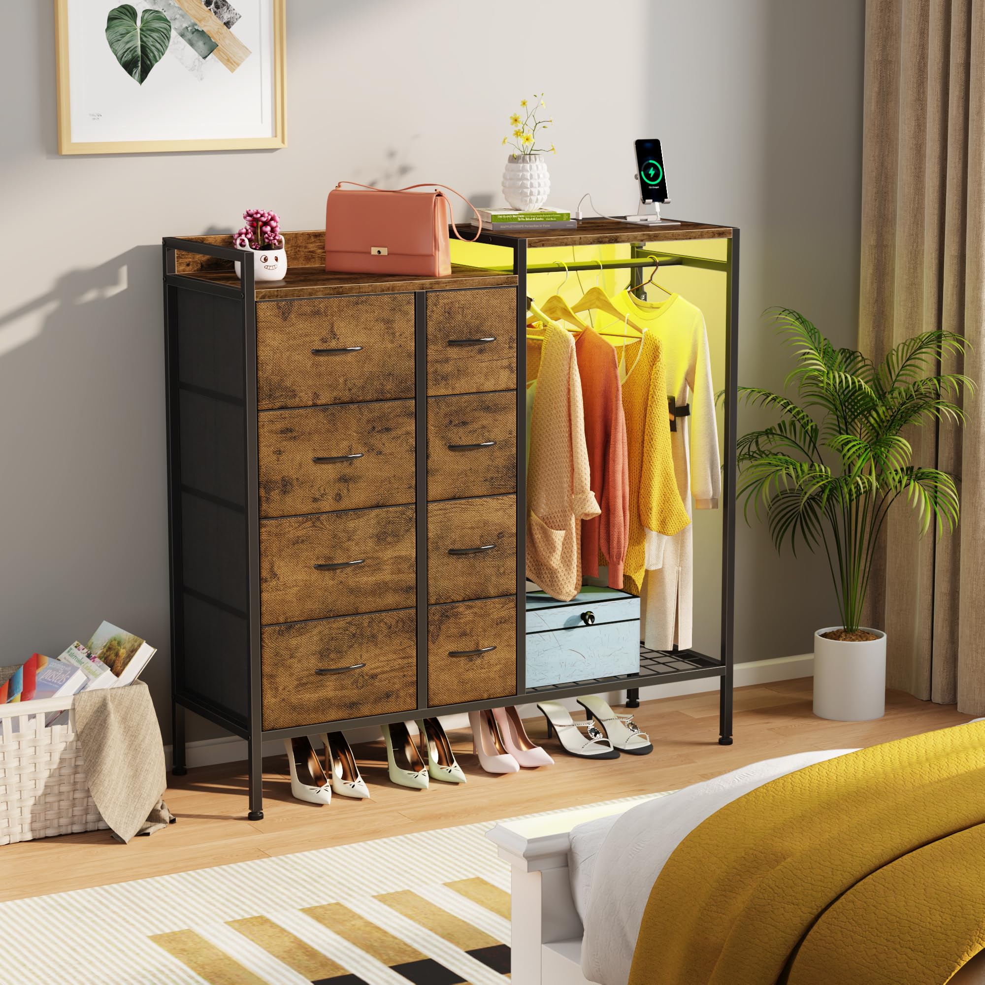 Cómoda de 8 cajones con perchero, cómoda LED con estación de carga, cómodas altas con zapatero para ropa y almacenamiento de zapatos, cómoda con parte superior de madera para dormitorio 7