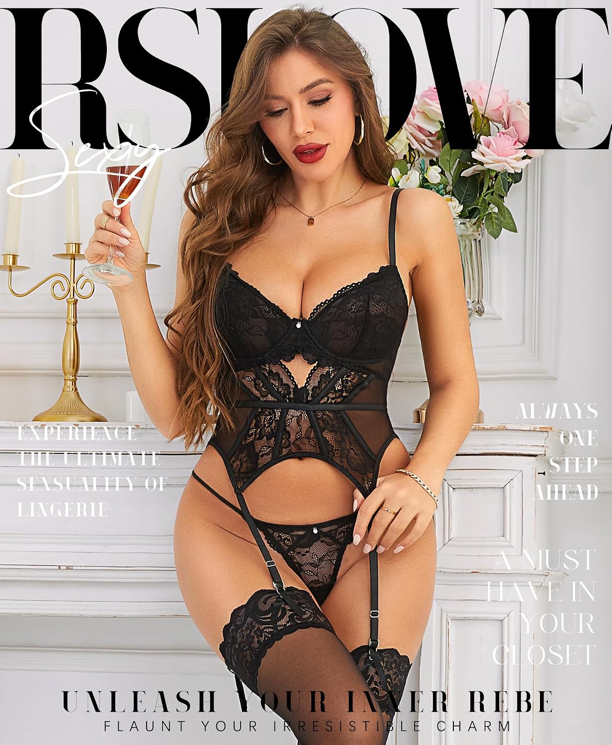 RSLOVE Lace Bodysuit Lingerie Set for Women, Underwire Garter Teddy with Panty, Sheer Mesh Outfit