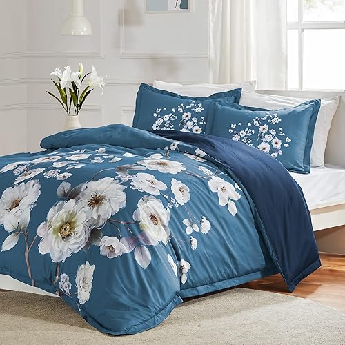 SLEEP ZONE Juego de funda de edredón con estampado floral de 4.23 ozm, cierre de cremallera ultra suave, lazos en las esquinas, azul peonía clásico,