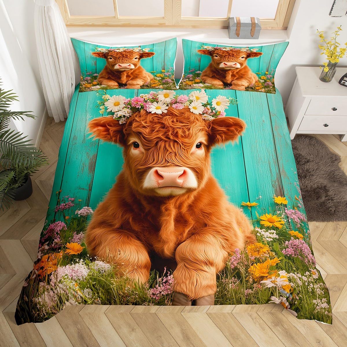 Homemissing Highland Cattle Duvet Cover Set Single Size For Kids Boys Girls Teens Highland Cow Bedding Set Daisy Botanical Floral Printed Comforter Cover with 1 Pillowcase - Image 3