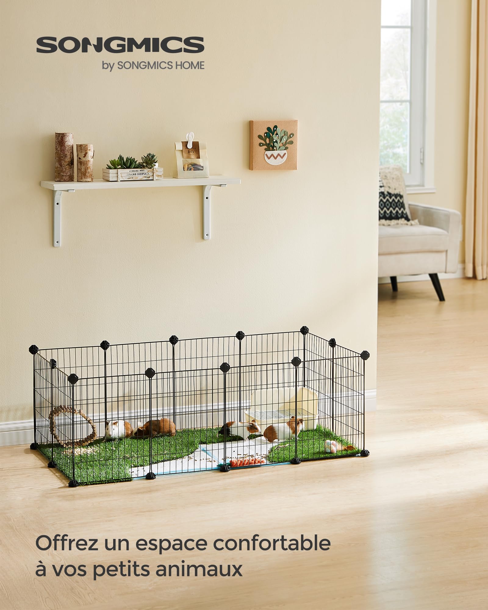SONGMICS LPI001B01 Parc d’intérieur pour Cochon d’Inde, Cage à Lapin, Grande Enceinte d’Exercice, clôture modulable en métal à Monter soi-même pour Hamster, Animal de Compagnie, Petits Animaux - Noir