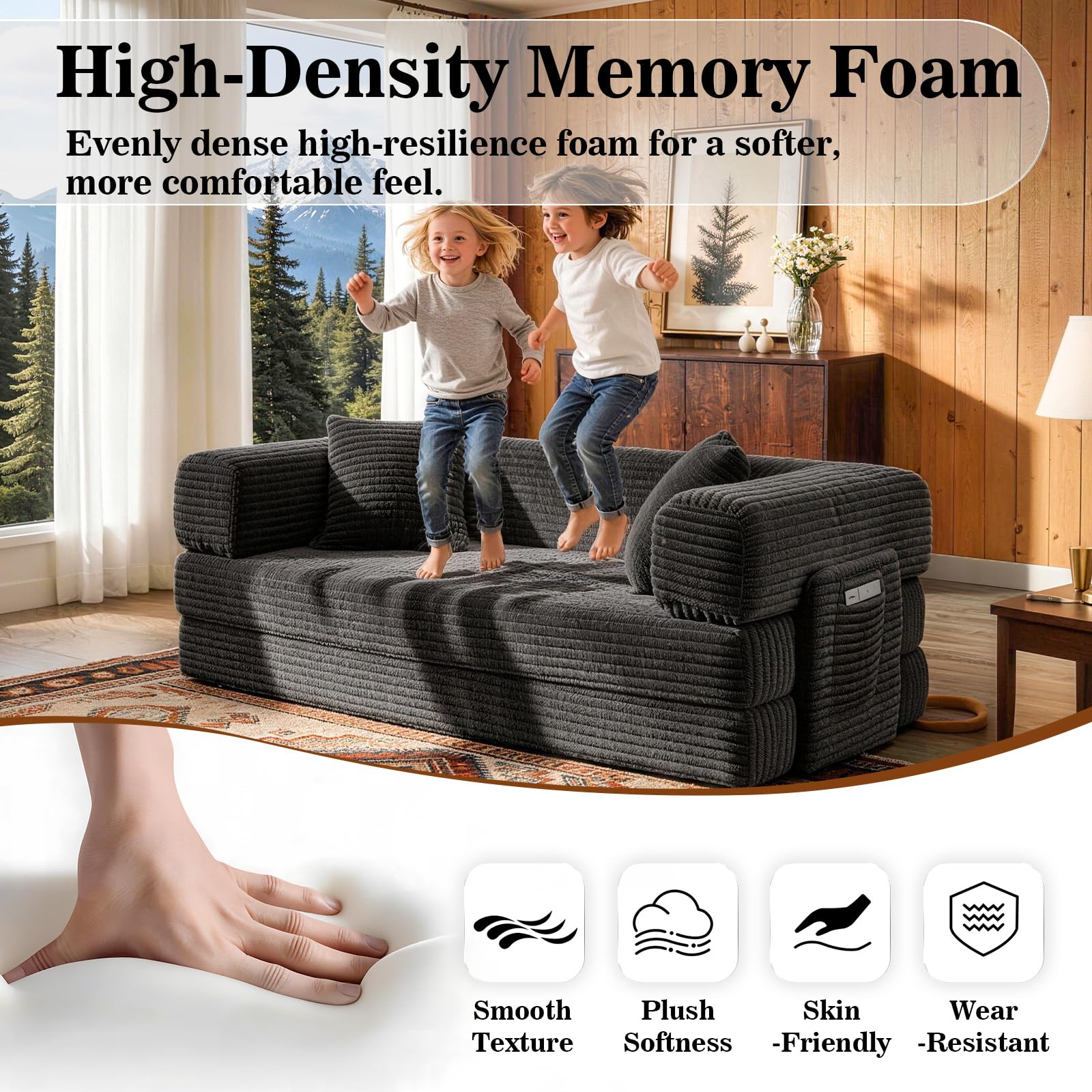 AUGOP Futon Sofa Bed Boneless Couch for Living Room,Pull Out Couch with Sleeper Sofa,Day Bed Couch with Storage Pocket,Removable Corduroy with 2 Pillow