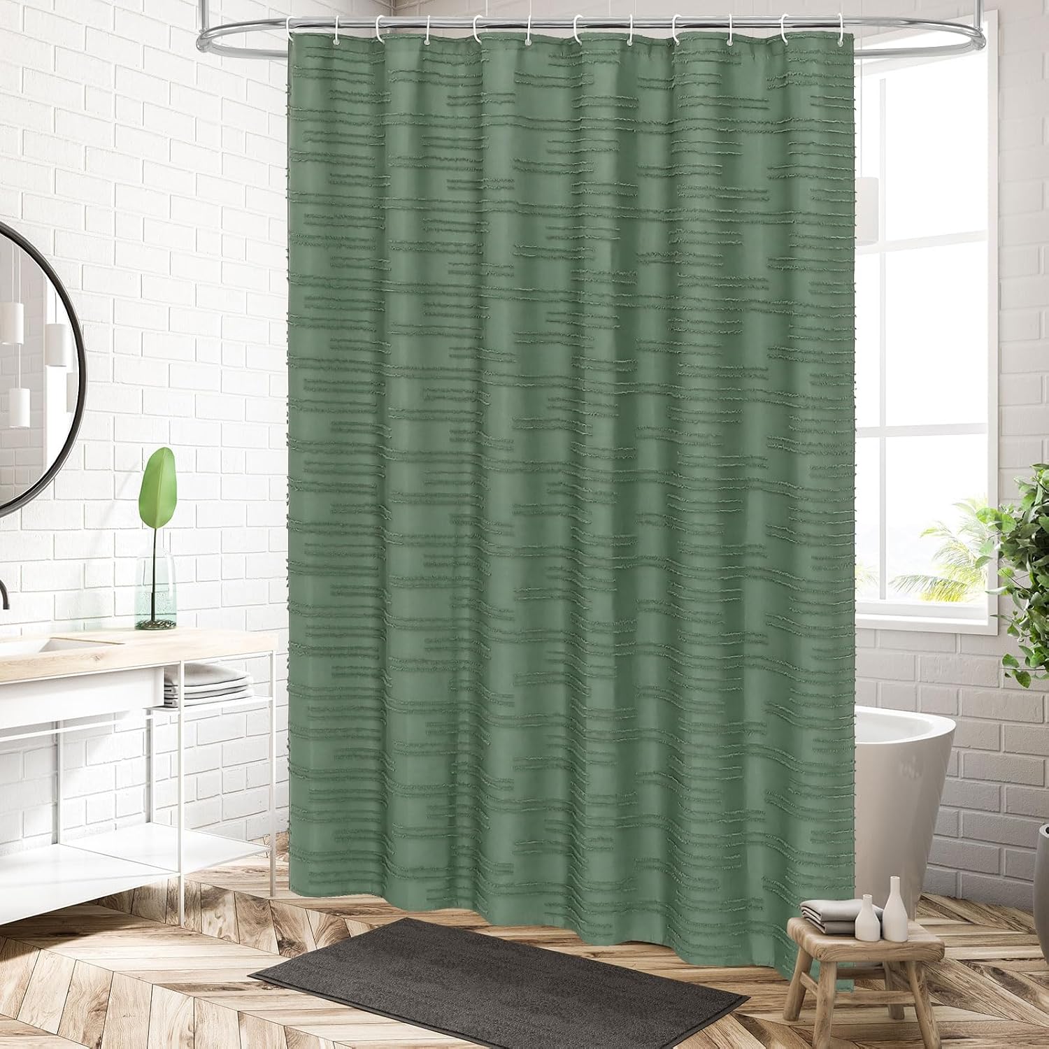 Size 72x72 Color Green  Boho Fabric Shower Curtain Set, Modern Farmhouse Tufted Cloth Shower Curtains with Striped Textured for Luxury Bathroom Decor, Soft & Wrinkle Resistant, Sage Green, 72 x 72