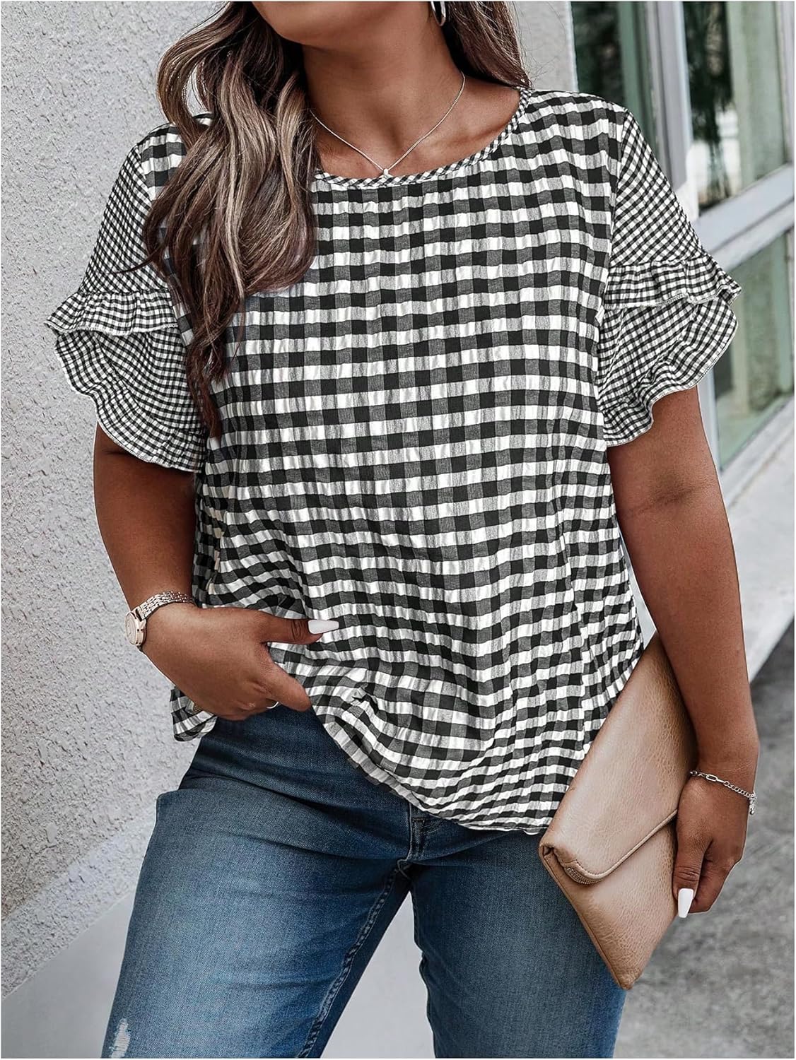 SweatyRocks Women's Plus Size Ruffle Short Sleeve Gingham Plaid Blouses Casual Summer Shirt - Image 4