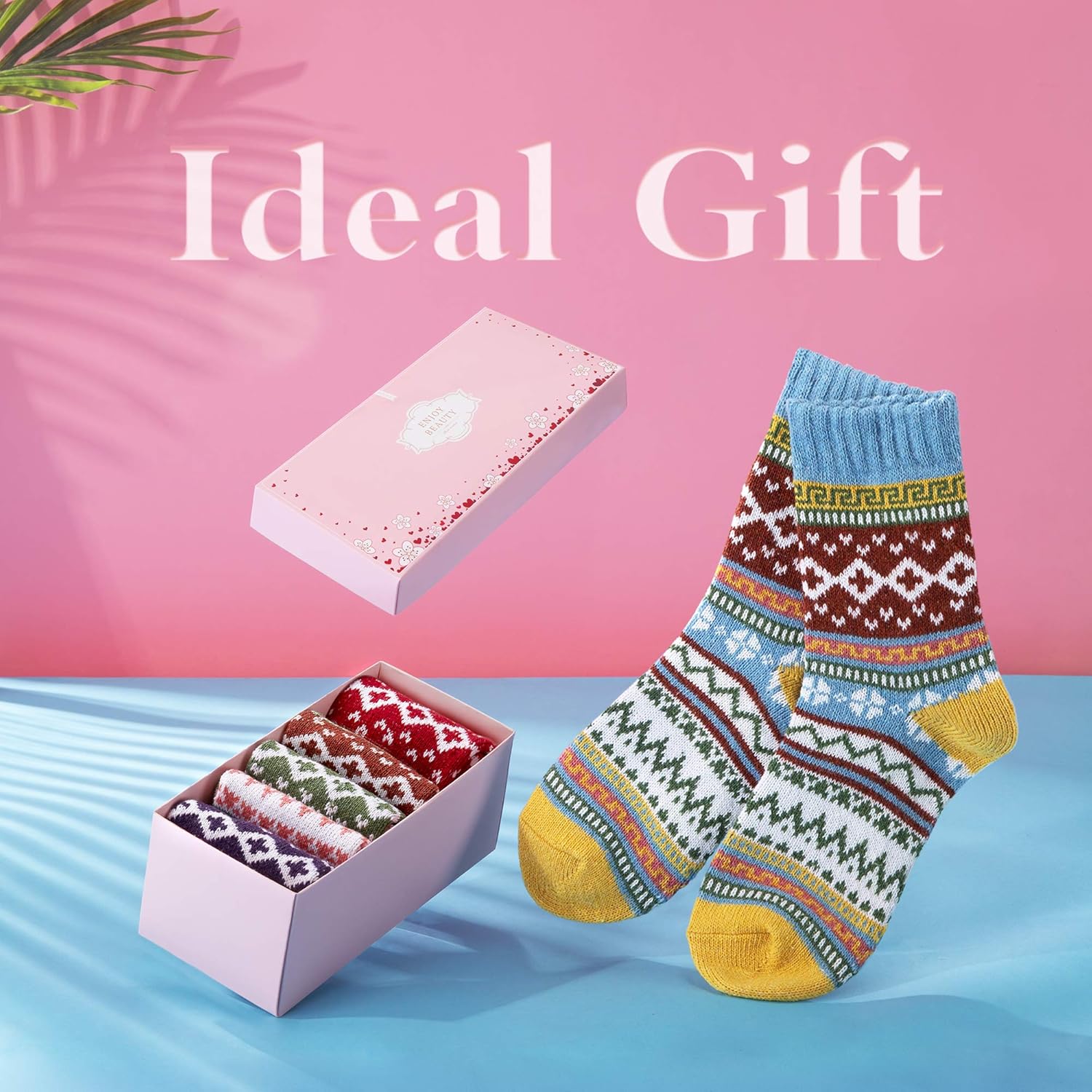 ICEIVY Womens Socks 5 Pairs Wool Warm Cotton Thick Vintage Casual Winter Cabin Crew Fuzzy Socks Gifts For Women - Image 4