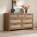 Sicotas 7 Dressing pour Chambre, 57" Grandes commodes de rotin pour la chambre de bébé, salon TV Stand,Boho organisateur coffre de tiroirs, coffre d'entreposage de vêtements (Chêne caramel recu, 1 Pièce)