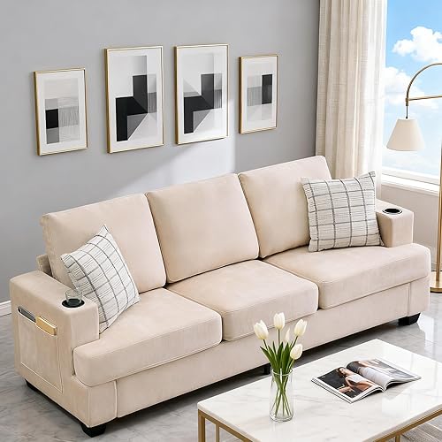 GarveeHome Moderno sofá de 3 plazas de 89 pulgadas para sala de estar, cómodos sofás con asiento profundo, sofá de felpilla con portavasos y