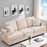 GarveeHome Modern 89 in 3-Seater Sofa for Living Room, Comfy Couches with Deep Seat, Chenille Couch with Cup Holders and Side Storage Pockets for Apartment Lounge, Beige